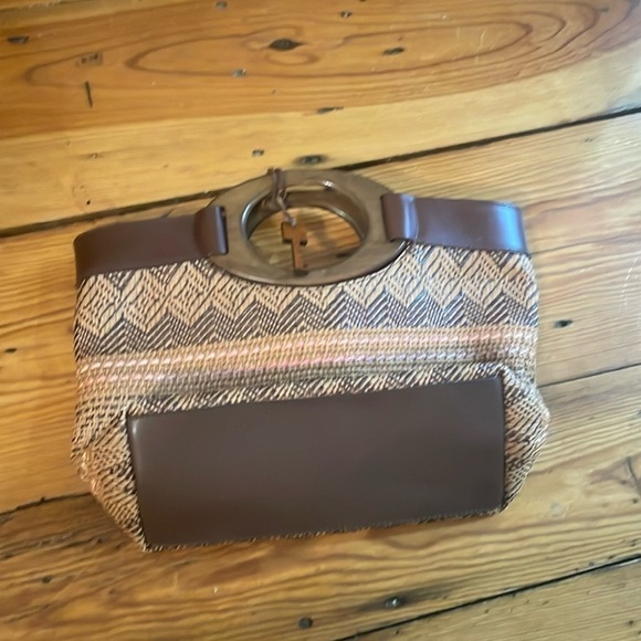 Fossil Wooden Handle Woven Boho Satchel Purse Brown - Picture 1 of 5